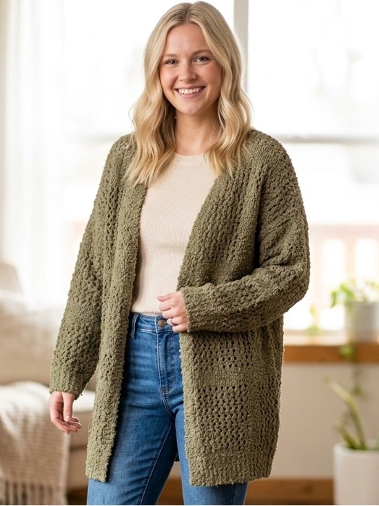 Kyl Sweaters - Kyl Women’s Olive Open-Front Chunky Knit Cardigan Sweater